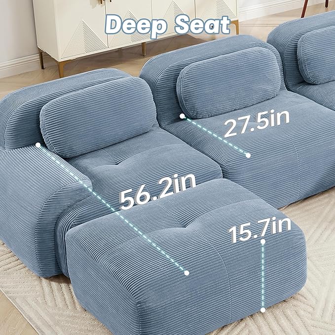116" Modern Corduroy Cloud Sofa with Ottoman, L Shaped Boneless Modular Large Sectional Couches for Living Room, Blue 3 Seater Compressed Memory Foam Couch, Extra Deep Seat, No Assembly
