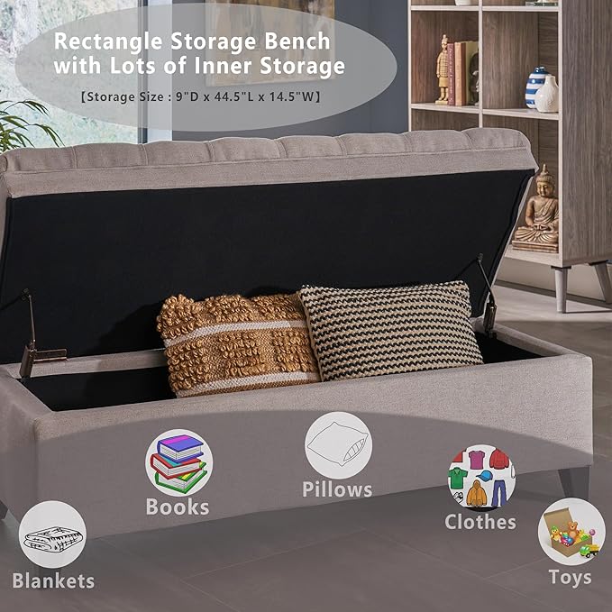 Setawix Linen Storage Benches for Bedroom,50" Bed End Bench with Storage,Tufted Light Grey Storage Ottoman Bench for Living Room,Rectangle Entryway Benches with Storage and Seating (Light Grey, Linen)