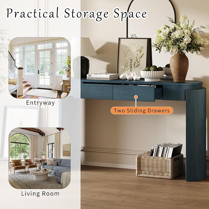 55" Wood Console Table for Entryway with Fluted,Modern Curved Oval Hallway Table and 2 Drawers,Rustic Farmhouse Narrow Sofa Table for Living Room,Bedroom,Apartments-Blue
