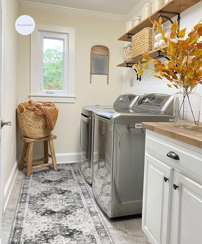 Moynesa Ultra-Thin Washable Runner Rug 2x7 for Hallway Non-Slip, Grey Kitchen Runner Rugs with Rubber Backing, Long Non Shedding Low Pile Bedroom Bedside Carpet for Bathroom Laundry Living Room