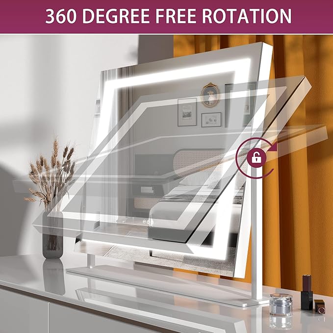 Hasipu Vanity Mirror with Lights, 24.2" x 19.7" LED Makeup Mirror, Light up Mirror with 10X Magnification and USB, Phone Holder, Smart Touch 3 Colors Dimmable, 360° Rotation (Right Angle White)