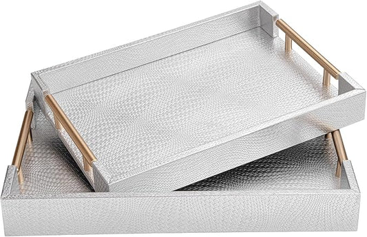 2 Piece Woven Leather Ottoman Tray with Gold Handles, Perfect Rectangular Serving Tray for Living Room, Coffee Table Tray as Thoughtful Gift for Home Decor Enthusiasts (Sliver)