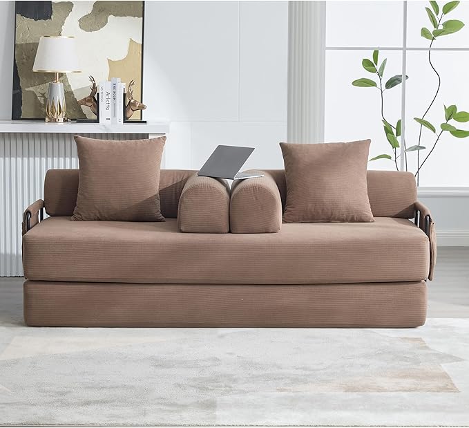 Convertible Folding Mattress Couch, Comfy Corduroy Sleeper Floor Sofa Bed with Fixed-Shape Frame, Floor Sofa with Armrest, Lounge Couch for Living Room Bedroom Lounge Studio,Brown