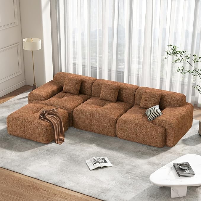 122" Modern L Shaped Modular Sectional Sofa, Boneless Couches for Living Room with Ottoman,4 Seater Convertible Chenille Cloud Couch Sofa Set, No Assembly Required, Orange 1 PCS