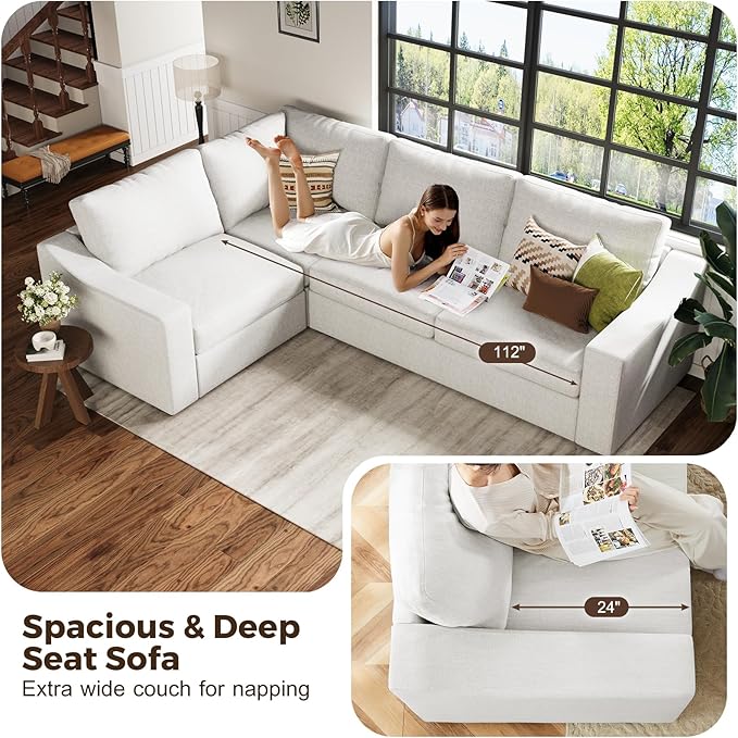 ABCASA 112" Convertible Sectional Sofa, Large L Shaped Couch with Detachable Sofa Cover, Modular Couch for Living Room, Breathable Linen Fabric Corner Sofa for Apartment, Ivory