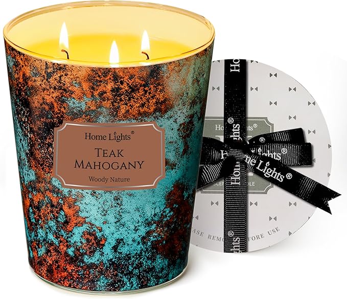 HomeLights Large jar Candle | 3-Wick Long-Lasting Scented Candles, 34oz Natural Soy Wax Candle for Home Scented, Industrial Chic Gifts for Women & Men, Teak Mahogany