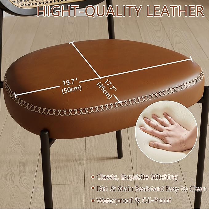 Rattan Dining Chairs Set of 6, Camel Leather Upholstered Dining Chairs with Rattan Cane Back, Mid Century Modern Dining Room Chairs with Black Metal Legs & D-Shaped Thicken Cushion, Camel