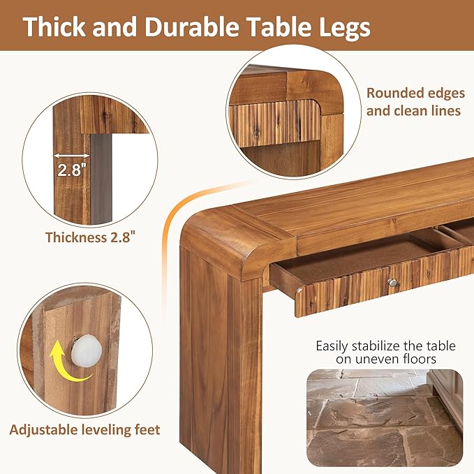 54.3" Curved Console Table with Fluted Drawer, Rustic Entryway Table and Thick Legs, Sturdy Sofa Table for Hallway & Living Room Wood (Brown)