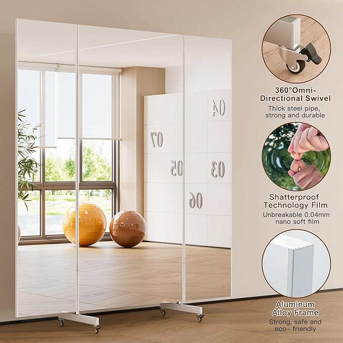 brisafe 67"x55" Folding Mirror with Wheels, 3-Panel Full Length Wall Mirror, Space-Saving Design, Shatterproof Nano Material, Portable Floor Mirror for Gym, Dance Studio, Home, Commercial Use, Silver