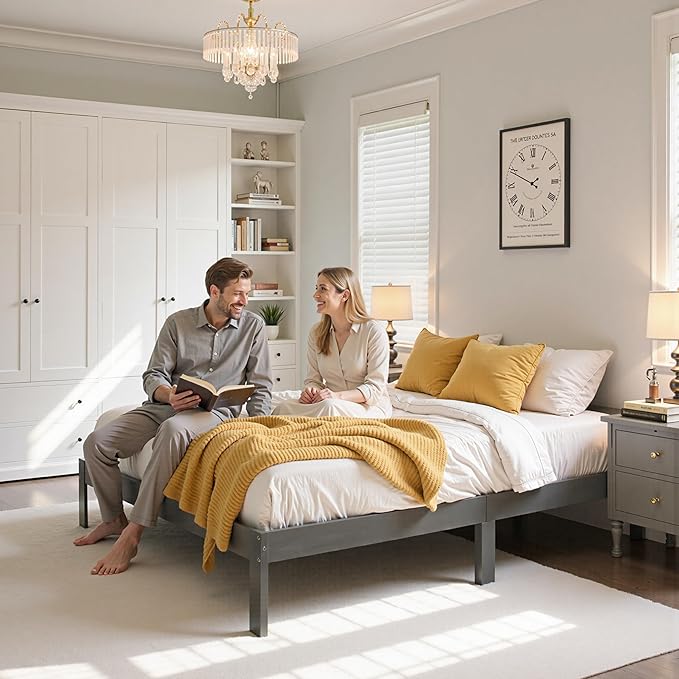 Hokway Wood Queen Bed Frame-No Wobble,Noise-Free,Easy Assembly with Precise Holes,12 in Wood Slat Support,No Box Spring Needed,Dark Gray