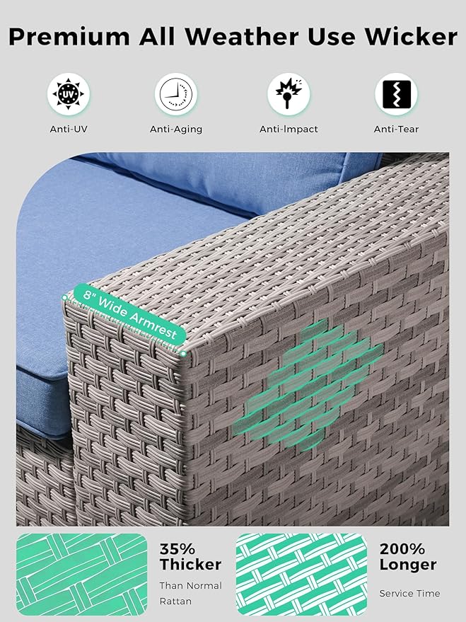 3 Piece Outdoor Wicker Patio Furniture Set,High Back Swivel Rocker Patio Chairs with 4" Thickened Cushions & Side Table, All-Weather PE Rattan for Garden, Backyard, Porch, Blue