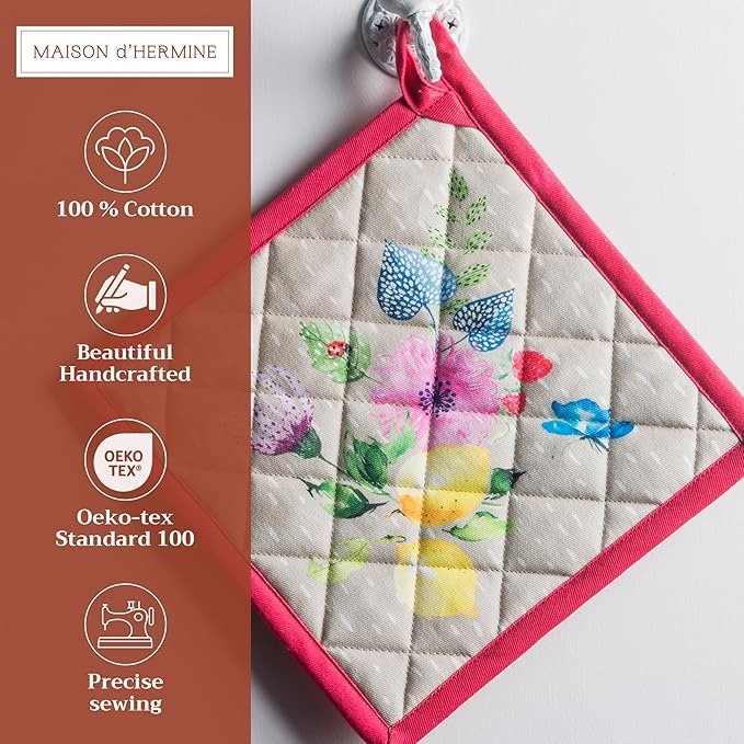 Maison d' Hermine Pot Holders 100% Cotton Heat Resistant Potholders 8" x 8" Hot Pads with Loop BBQ, Cooking, Baking, Grilling, Kitchen, Handling Hot Pans Spring/Summer (Pack of 1, Jardin D'Ete - Fog)