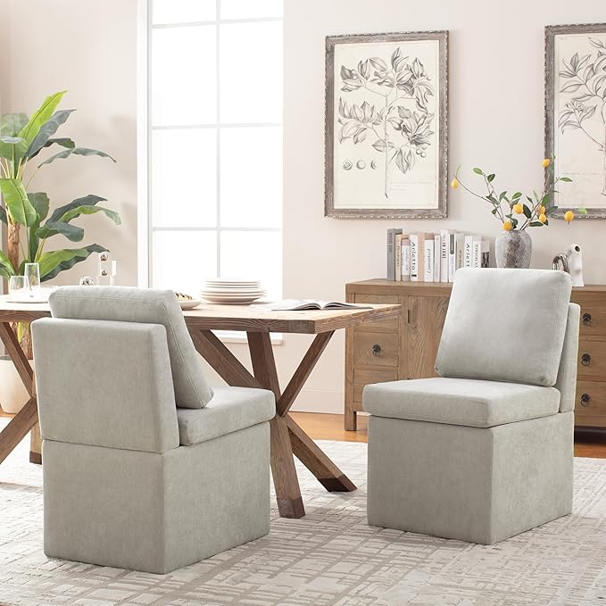 VKNOW Upholstered Dining Chairs, Modern Kitchen Chairs with Storage, Linen Armchair Dining Room Chairs for Kitchen Room (Light Grey, Set of 2)