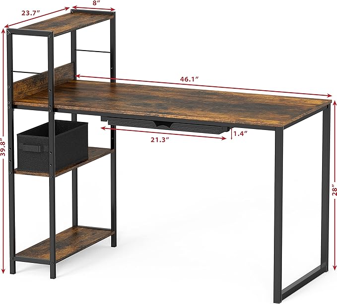 SHW 46-Inch Home Office Mission Computer Desk with Side Shelf and Drawer, Rustic Brown