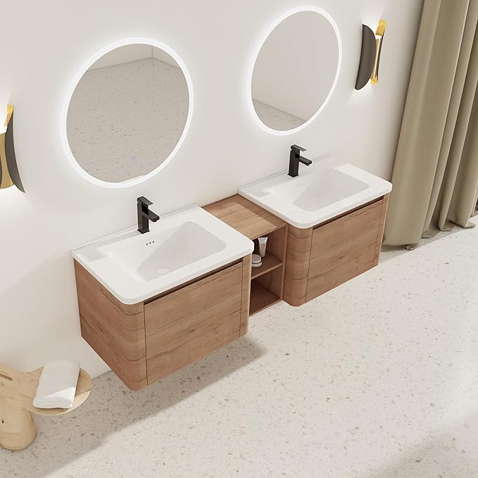 Goujxcy 68 Inch Bathroom Vanity with Sink Combo Modern Floating Vanity Cabinet with Ceramic Vessel Sink and Storage Shelves, Soft Closing Door Design (Imitative Oak)