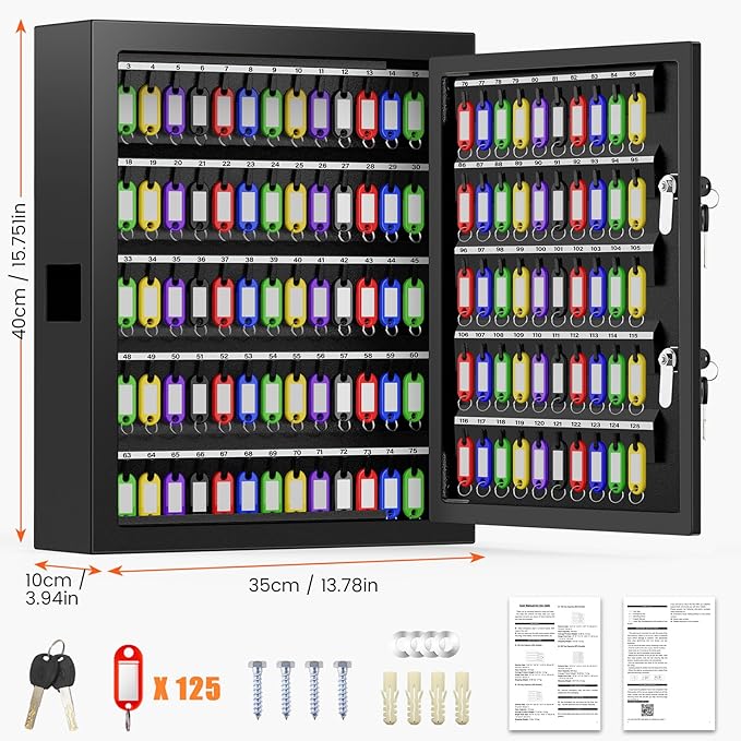 125 Keys Dual Lock Box Wall Mount, Anti-Theft Key Cabinet with Key Hooks & 125 Tags Key Labels, Steel Drop Slot Key Safe for Hotels & Office & Companies & Car Dealerships