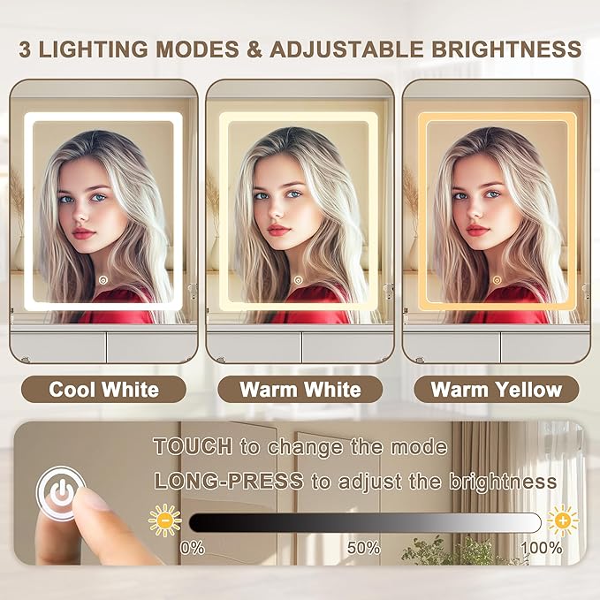 Vanity Desk with Mirror and LED Lights, Small Makeup Vanity Table Set with Drawers and Chair, Dressing Table with Power Outlet for Girls Bedroom, White