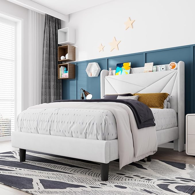 Feonase Twin Size Bed Frame with Charging Station, Upholstered Linen Bedframe with Wingback Headboard, Solid Wood Slats Support, No Box Spring Needed, Noise Free, White