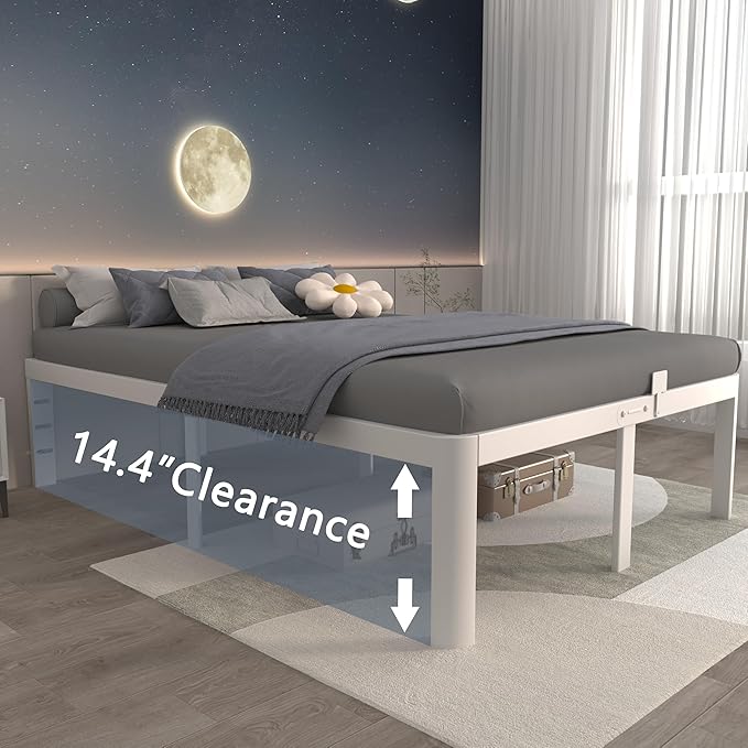 ITIMIDI 16 Inch White Bed Frame Queen, Queen Size Metal Platform Bed Frames with Round Corner Legs, Heavy Duty Steel Support 3500 LBS, Storage Space, No Box Spring Needed, Noise Free, Easy Assembly