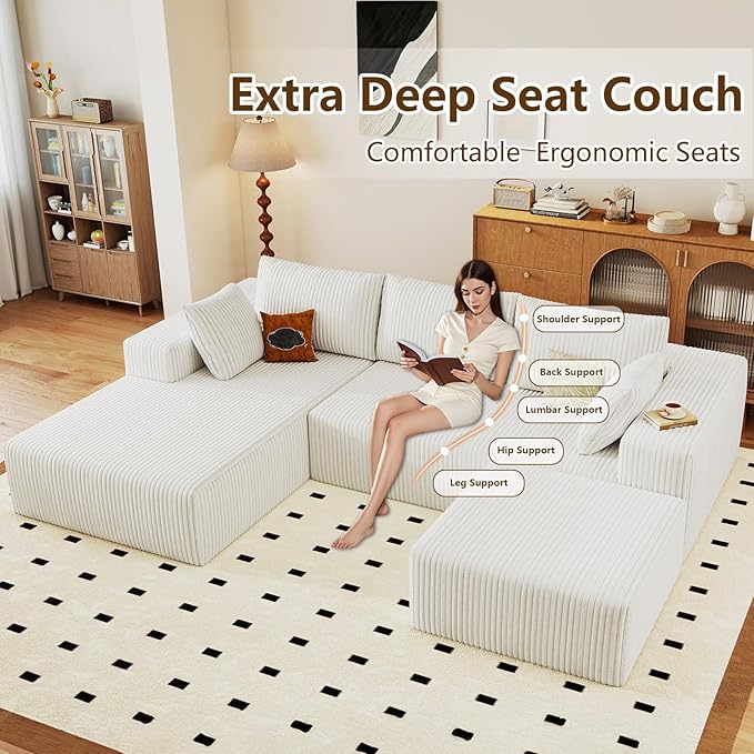 96" U-Shape Cloud Couch, Modern Modular Sectional L-Shape Sofa with Ottoman, Corduroy Upholstered Couches Deep Seat Sleeper Chaise Longue for Living Room, No Assembly Required(White, Left Facing)