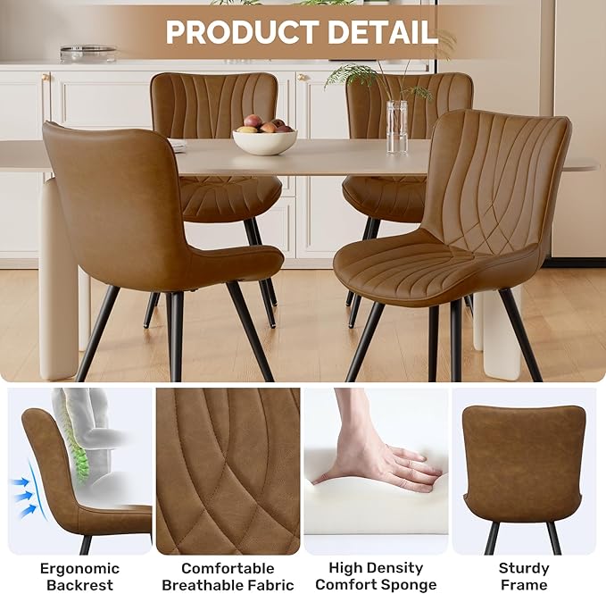 Dining Chair Set of 4 PU Leather Dining Room Chairs Upholstered Comfy Dining Chairs Modern Kitchen Armless Side Chair with Sturdy Metal Legs,Brown