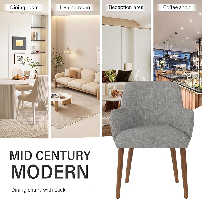 Upholstered Dining Chairs Set of 2, Modern Kitchen Chairs with Back and Curved Armrest, Fabric Side Dining Room Chairs with Wood Legs for Kitchen Dining Room Restaurant, Grey