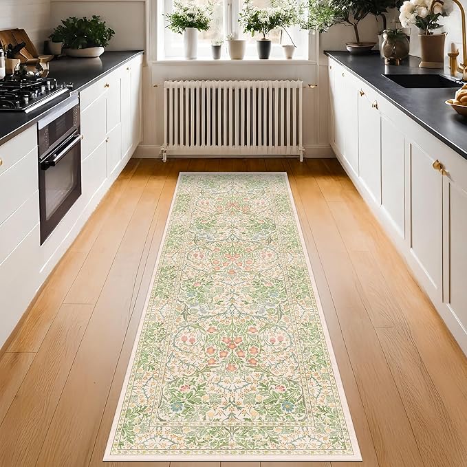Non Slip Beige Green Bathroom Runner Rug - Long Runner Rugs 24 x 72 Washable Kitchen Floor Mat, Laundry Room Rug, Hallway Runner - Vintage Floral Design Décor (2x6 Beige Green)