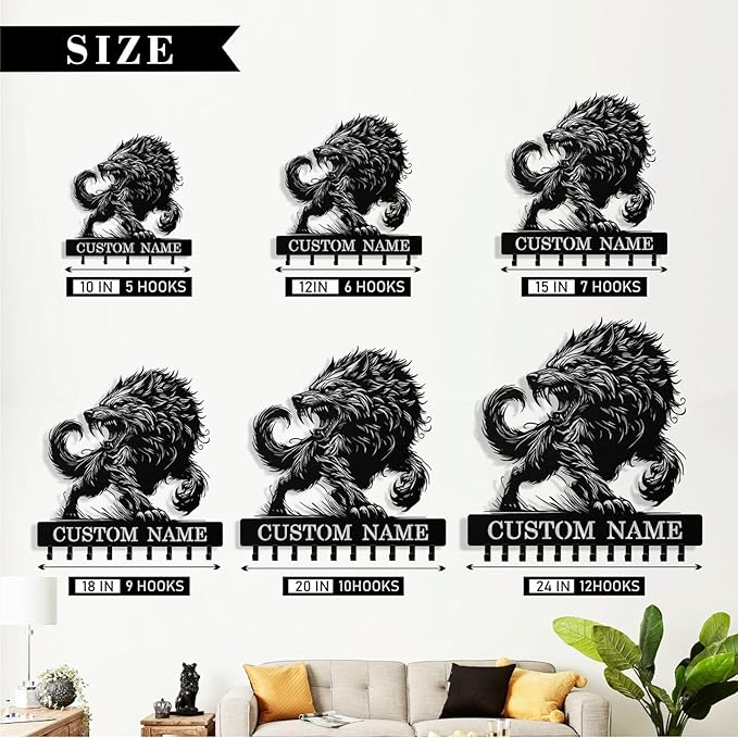 Personalized Wolf Key Holder Wall Mount, Custom Metal Keys Hanger for Wall with Name, Custom Key Rack Holder with Hooks for Home, Entryway, Front Door, Living Room, Kitchen, Bathroom