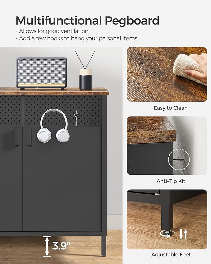 SONGMICS Storage Cabinet, Metal Cabinet, Sideboard with 2 Doors, 15.7 x 31.5 x 29.9 Inches, Magnetic Closure, Adjustable Shelf, Steel Frame, Rustic Brown and Black ULSC102B01