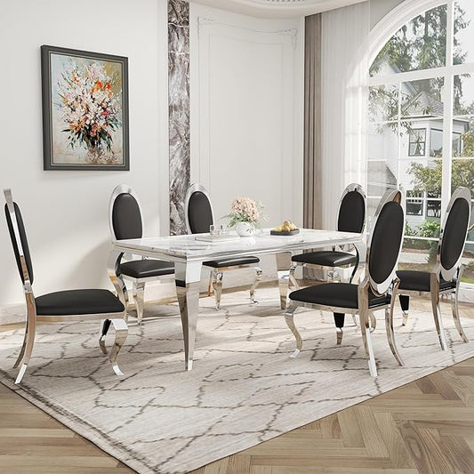 7-Piece Dining Table Set for 6, Faux Marble Modern Dining Table Set with 6 Big Oval Backrest Chairs, 70“ Stainless Steel Legs Table & Chair Set for Kitchen, Dining Room, Black & Silver