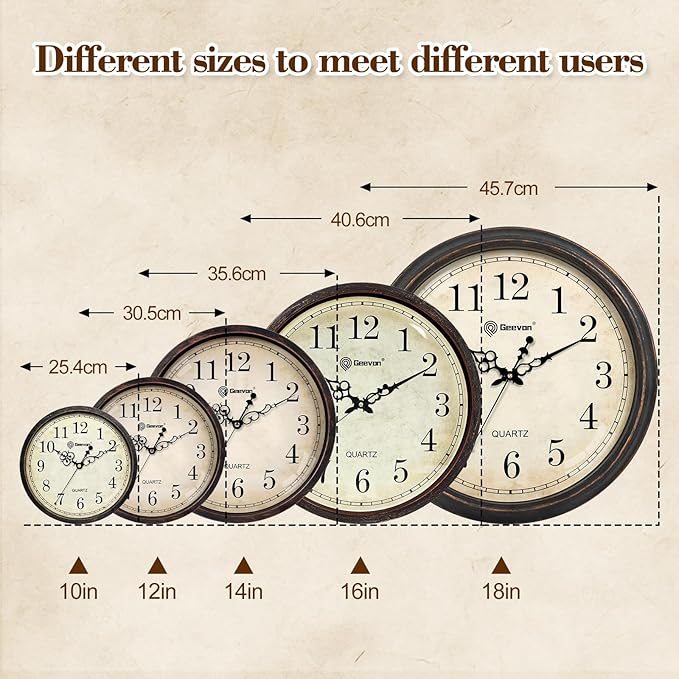 Geevon Vintage Wall Clock, Silent 18" Non Ticking Retro Round Clock Quartz Decorative Battery Operated Wall Clock for Kitchen, Office, Bedroom, Living Room, Classroom, Decor