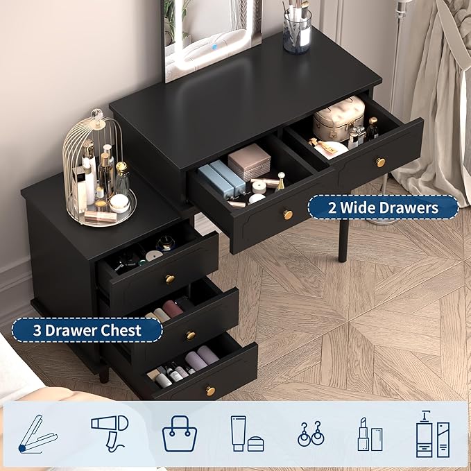 Garvee Makeup Vanity Desk with Mirror and Lights, Modern Black Vanity Table with 2 Drawers & Adjustable 3-Drawer Cabinet, Wood Dressing Table for Bedroom