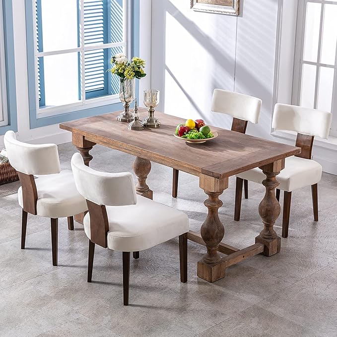 Upholstered Dining Chairs Set of 6, Modern Wooden Kitchen Chairs Fabric Side Dining Room Chair Farmhouse Dinner Chair for Kitchen Dining Room, Cream