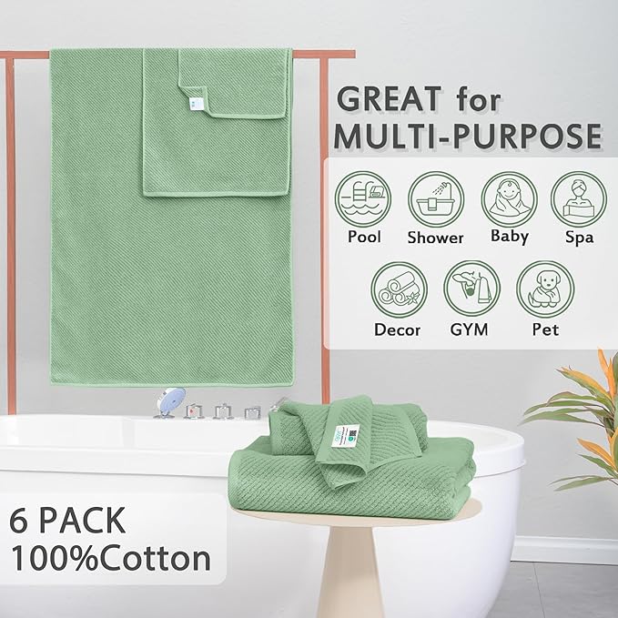 VOOVA & MOVAS Green Towels for Bathroom - 100% Cotton | Quick Dry | Lightweight | Thick | Soft, 6 Piece Towel Set, 2 Large Bath 30"x56", 2 Hand 18"x28", 2 Wash Cloths 13"x13", Towel Gift Set, Sage