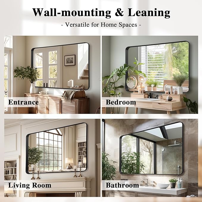 Wall Mirror 30" x 48" for Bathroom Black Metal Deep Frame Mirror for Wall Decorative Rectangular Round Corner Wall Mounted Vanity Mirror for Bedroom Living Room Entryway Wall Decor