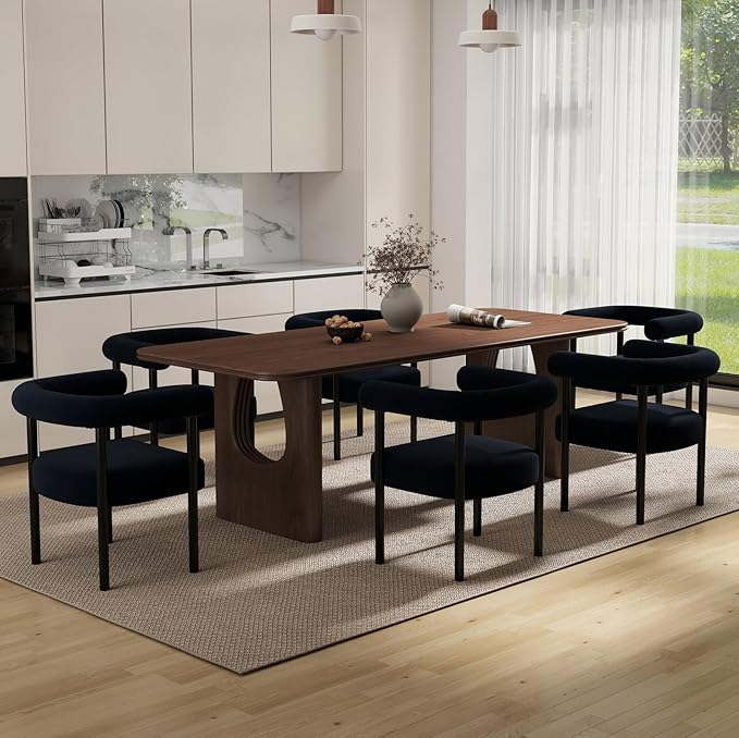 Mid-Century Modern Dining Chairs Set of 6, Armrest Barrel Dining Chairs Side Accent Chairs with Curved Back, Upholstered Wood Armchairs for Kitchen/Dining Room, Velvet Black