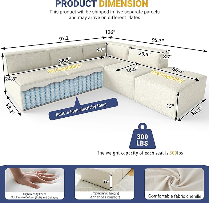 97"+57" 5-Piece Modular Sectional Sofa Convertible Cube Thick Couch 2 3 4 Seat Set, L-Shape, No Assembly for Living Room (3xArmless+1xCorner+1xOttoman) Fabric Chenille Beige White