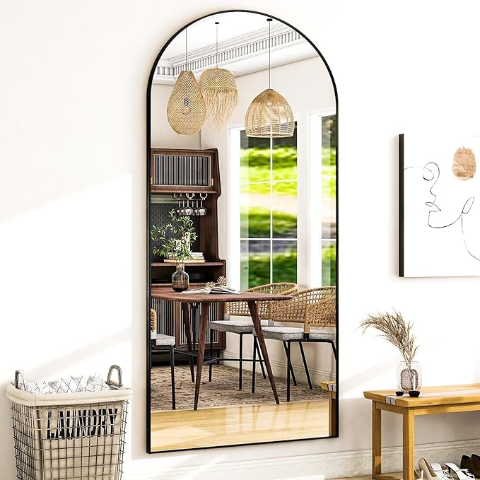 Full Body Mirror 26x71 inch Arched Full Length Mirror with Stand Aluminum Wall Mounted Hanging or Leaning Standing Mirrors, Black
