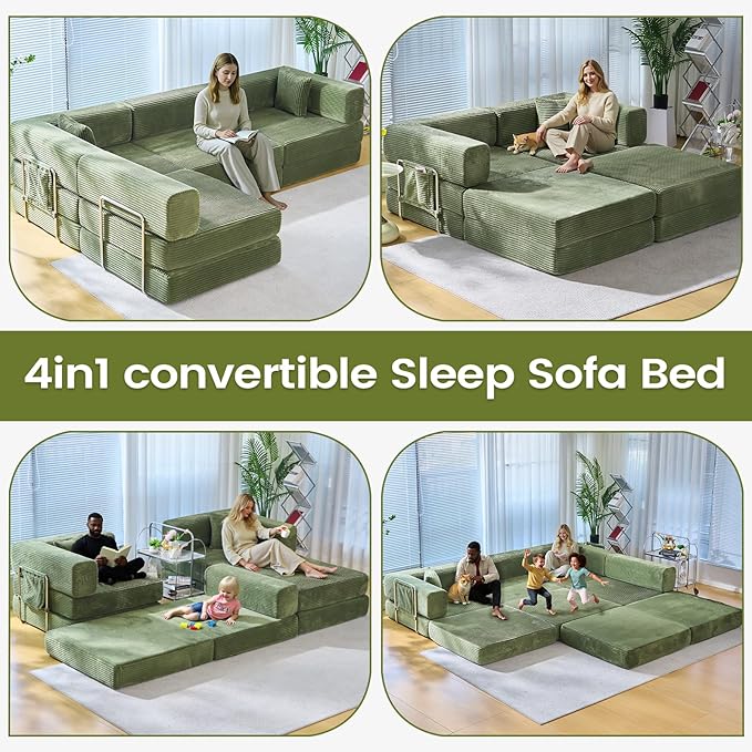 Folding Sofa Bed Convertable Corduroy Couch King Size Floor Sleeper 4-in-1 DIY Combination Modular Sofa Fold Out Futon Lounge Comfy Foldable Lazy cama for Living Room (Green)