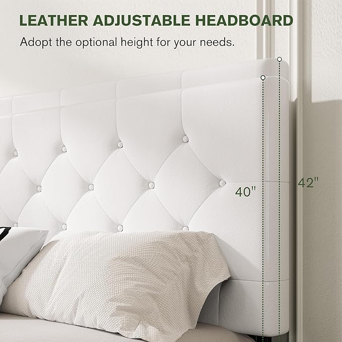 MUTICOR Full Size Bed Frame with 4 Storage Drawers, Upholstered Platform Bed with Button Tufted Adjustable Headboard, No Box Spring Needed, Easy Assembly, Diamond Tufted, White Leather