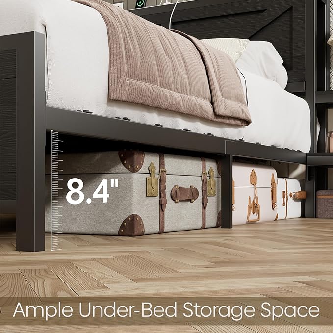 Full Size Rustic Bed Frame with Storage Born Door Headboard and Bedside Storage, Industrial Farmhouse Metal Platform Bed Frame with Charging Station and LED Lights, Black