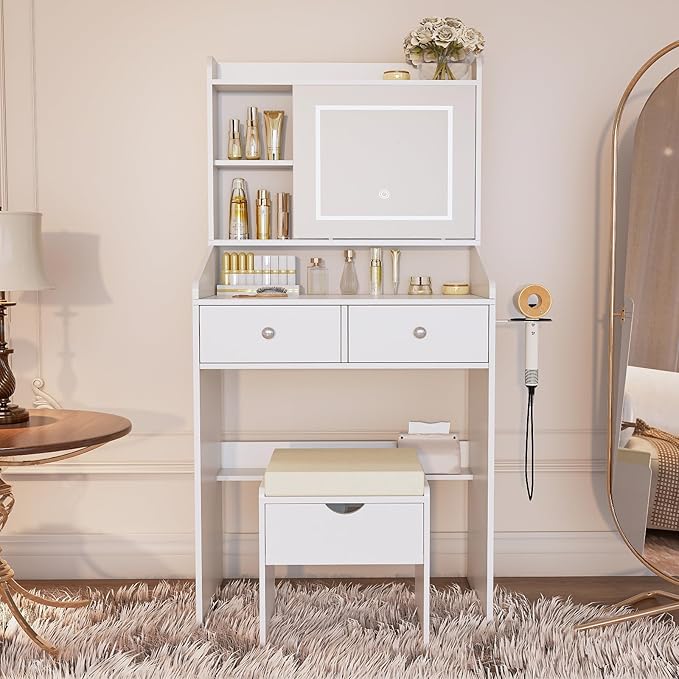 Vanity, Small Vanity Desk with Sliding Mirror, Dimmable LED Lights, 2 Drawers,Vanity Table Ideal for Bedroom (White)