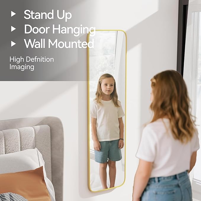 57x16 Door Hanging Full Length Mirror, Floor Stand (Height 5.7ft just Body in1.3ft) Wall Mounted Metal Frame Rectangle Dressing Mirrors for Bedroom Bathroom Room 57 inch Gold