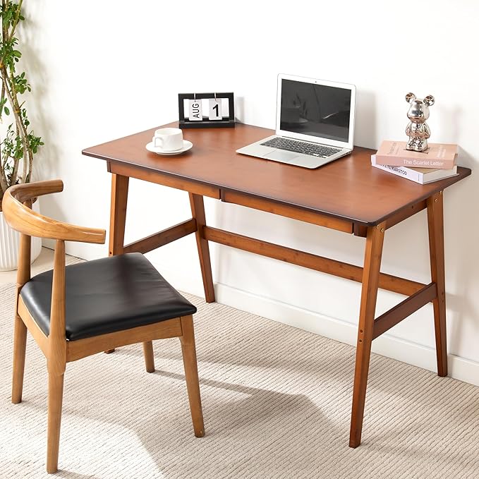 Nnewvante Desk, Bamboo Table with 2 Drawers, Simple Modern Furniture for Home, Office, Computer, Writing, Study, Makeup & Workstation (46''-Brown)