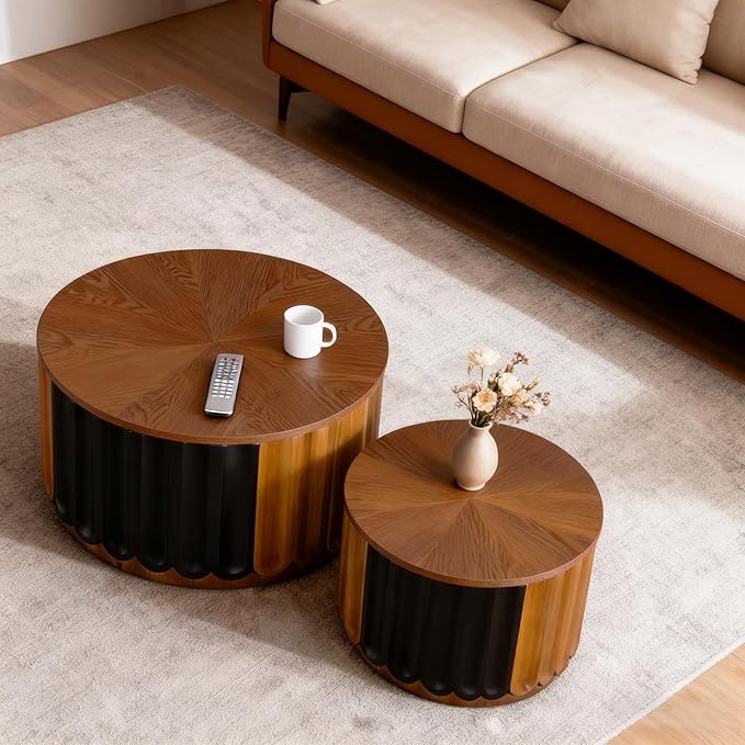 26" Round Nesting Coffee Table Set of 2 with Storage, Modern Round Wood Fluted Coffee Tables with Storage for Living Room Nesting End Table for Small Space (B Walnut)