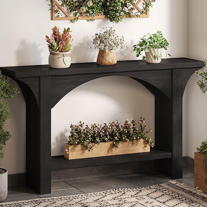 55 Inches Console Table,2 Tier Farmhouse Entryway Table,Narrow Wood Accent Tables with Storage Shelves for Living Room,Entrance,Hallway,Foyer (Black)