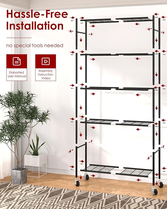 Storage Shelves Organizer - 5 Tier Metal Shelf Organizer with Metal Wheels and Adjustable Leveling Feet, Heavy Duty Garage Shelving for Kitchen, Pantry and Closet, 33.1"x12.6"x73.5", Black