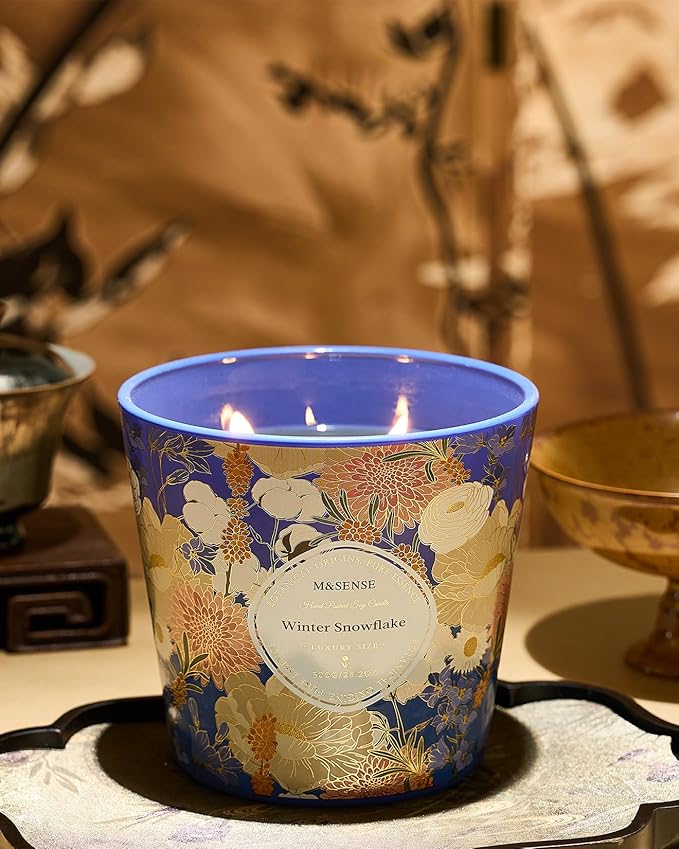 M&SENSE Winter Snow Flake Scented Candle, 28.2oz 3 Wick Natural Soy Wax Large Candles, Long Lasting Clean Slow Burning No Toxic Décor for Home Relaxation, Romantic Dates & Gift-Giving