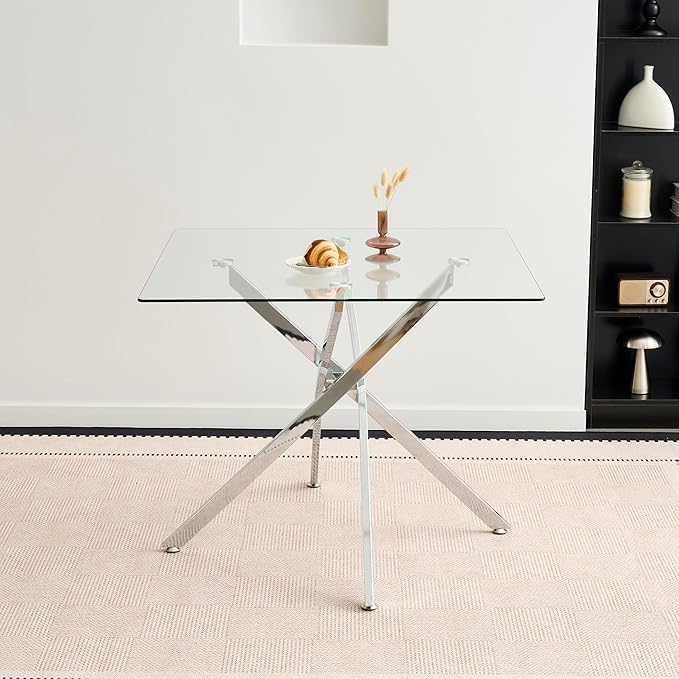 36" Square Glass Dining Room Table for 4 with Tempered Glass Top and Silver Chrome Metal Legs, Modern Clear Kitchen and Dinner Table for Home Office Dining Room