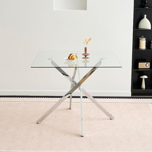 36" Square Glass Dining Room Table for 4 with Tempered Glass Top and Silver Chrome Metal Legs, Modern Clear Kitchen and Dinner Table for Home Office Dining Room